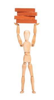 Wooden mannequin carrying wooden blocks, isolated on white