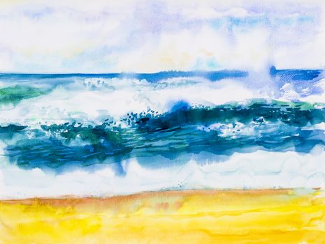 Watercolor seascape original painting colorful of sea view,beach, wave and sky,cloud background in the morning bright, nature beauty season. Painted impressionist, abstract images.