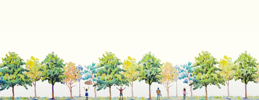 Watercolor painting landscape panorama colorful of trees forest and young people, emotion ecology concept in white background. Hand painted illustration with typography, brochures, postcard background