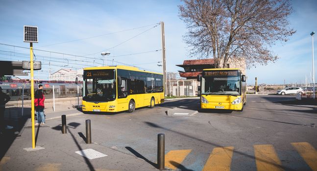Sete, France - January 4, 2019: Bus parked near the bus station waiting for passenger on a winter day