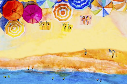 Painting watercolor seascape Top view colorful of lovers, family summer holiday and tourism in summery,multi colored umbrella, sea wave blue background. Painted Impressionist, abstract image illustration.