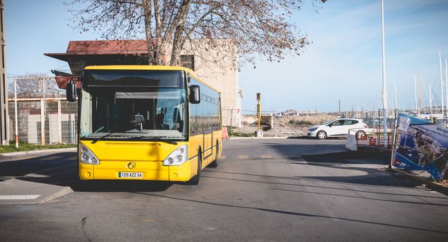 Sete, France - January 4, 2019: Bus parked near the bus station waiting for passenger on a winter day