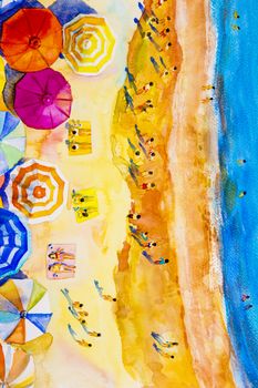 Painting watercolor seascape Top view colorful of lovers, family summer holiday and tourism in summery,multi colored umbrella, sea wave blue background. Painted Impressionist, abstract image illustration.