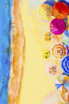 Painting watercolor seascape Top view colorful of lovers, family summer holiday and tourism in summery,multi colored umbrella, sea wave blue background. Painted Impressionist, abstract image illustration.