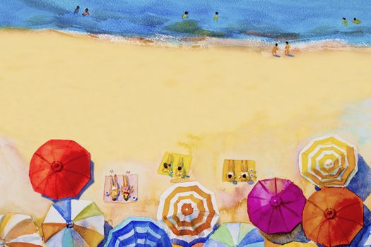 Painting watercolor seascape Top view colorful of lovers, family summer holiday and tourism in summery,multi colored umbrella, sea wave blue background. Painted Impressionist, abstract image illustration.