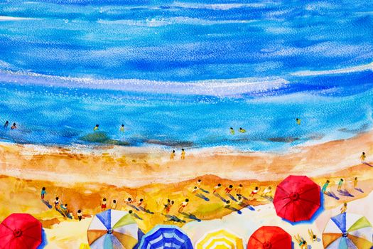 Painting watercolor seascape Top view colorful of lovers, family summer holiday and tourism in summery,multi colored umbrella, sea wave blue background. Painted Impressionist, abstract image illustration.