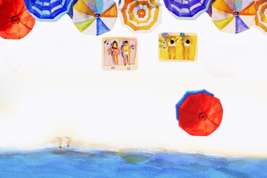 Painting watercolor seascape Top view colorful of lovers, family summer holiday and tourism in summery,multi colored umbrella, sea white blue background. Painted Impressionist, abstract image illustration.