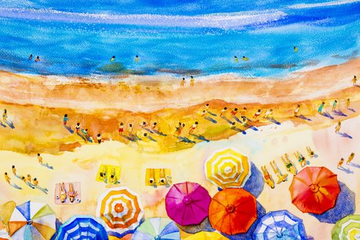 Painting watercolor seascape Top view colorful of lovers, family vacation and tourism in summery,multi colored umbrella, sea wave blue background. Painted Impressionist, abstract image illustration.
