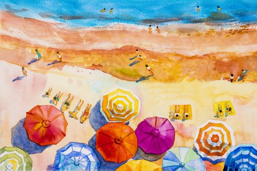 Painting watercolor seascape Top view colorful of lovers, family vacation and tourism in summery,multi colored umbrella, sea wave blue background. Painted Impressionist, abstract image illustration.