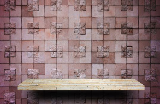 yellow stone rock shelf counter on red brick for product display