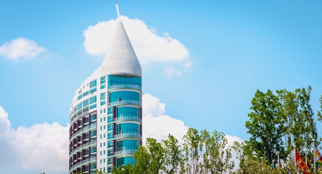 Lisbon, Portugal - May 7, 2018: Architectural detail of Sao Gabriel tower, at Parque das Nacoes (Park of Nations) in Lisbon on a spring day