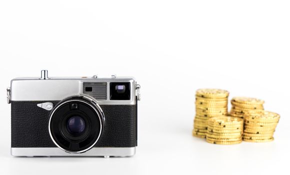 Making money from camera photography idea on white background