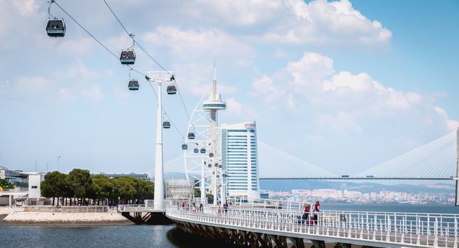 Lisbon, Portugal - May 7, 2018: Telecabine Lisboa at Park of Nations (Parque das Nacoes). Cable car in the modern district of Lisbon over the Tagus river on a spring day