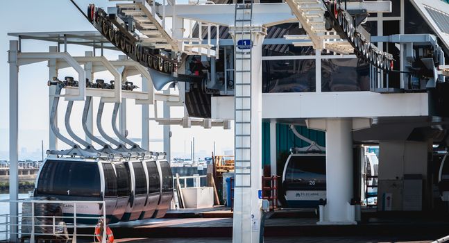 Lisbon, Portugal - May 7, 2018: Telecabine Lisboa at Park of Nations (Parque das Nacoes). Cable car in the modern district of Lisbon over the Tagus river on a spring day