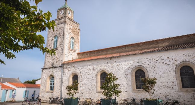 Port Joinville, France - September 16, 2018: Architectural detail of the Saint-Amand church on the island of Yeu on a summer day