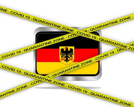 COVID-19 warning yellow ribbon written with: Quarantine zone Cover 19 on Germany flag illustration. Coronavirus danger area, quarantined country.