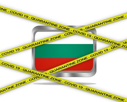 COVID-19 warning yellow ribbon written with: Quarantine zone Cover 19 on Bulgary flag illustration. Coronavirus danger area, quarantined country.