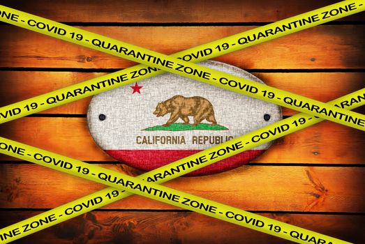 COVID-19 warning yellow ribbon written with: Quarantine zone Cover 19 on California flag illustration. Coronavirus danger area, quarantined country.