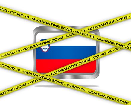 COVID-19 warning yellow ribbon written with: Quarantine zone Cover 19 on Slovenia flag illustration. Coronavirus danger area, quarantined country.