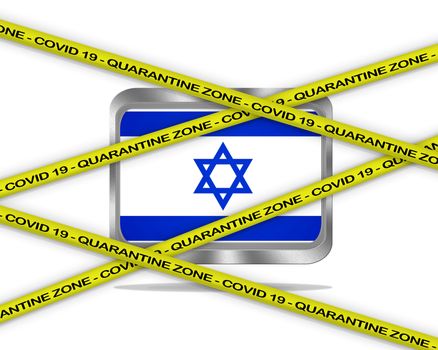 COVID-19 warning yellow ribbon written with: Quarantine zone Cover 19 on Israel flag illustration. Coronavirus danger area, quarantined country.
