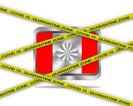 COVID-19 warning yellow ribbon written with: Quarantine zone Cover 19 on Canada flag illustration. Coronavirus danger area, quarantined country.