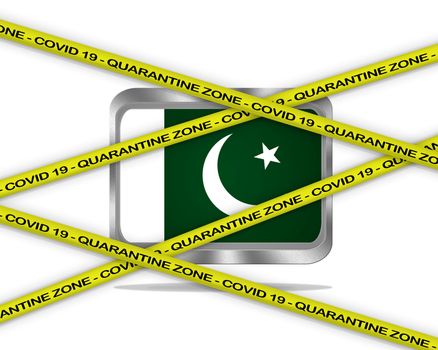COVID-19 warning yellow ribbon written with: Quarantine zone Cover 19 on Pakistan flag illustration. Coronavirus danger area, quarantined country.