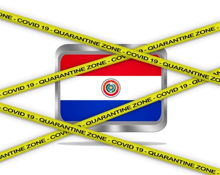 COVID-19 warning yellow ribbon written with: Quarantine zone Cover 19 on Paraguay flag illustration. Coronavirus danger area, quarantined country.