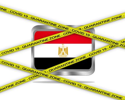 COVID-19 warning yellow ribbon written with: Quarantine zone Cover 19 on Egypt flag illustration. Coronavirus danger area, quarantined country.