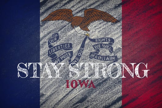 COVID-19 warning. Quarantine zone Covid 19 on Iowa ,flag illustration. Coronavirus danger area, quarantined country. Stay strong.