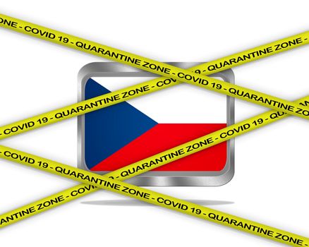 COVID-19 warning yellow ribbon written with: Quarantine zone Cover 19 on Republic Czech flag illustration. Coronavirus danger area, quarantined country.