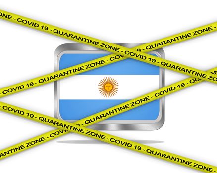 COVID-19 warning yellow ribbon written with: Quarantine zone Cover 19 on Argentina flag illustration. Coronavirus danger area, quarantined country.