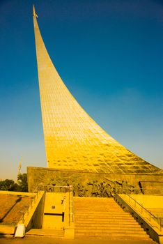 MOSCOW, RUSSIA - JUNE, 2016: Monument to the Conquerors of Space and statue of Konstantin Tsiolkovsky, the precursor of astronautics.