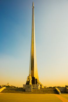 MOSCOW, RUSSIA - JUNE, 2016: Monument to the Conquerors of Space and statue of Konstantin Tsiolkovsky, the precursor of astronautics.