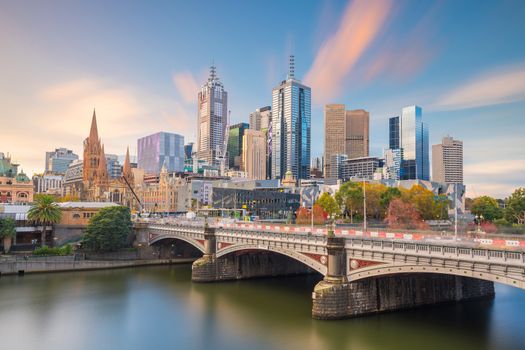 Panorama view of Melbourne city skyline at twilight in Australia