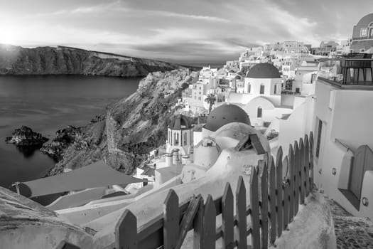 Great twilight view of Santorini island. Sunset on the famous Oia city, Greece, Europe