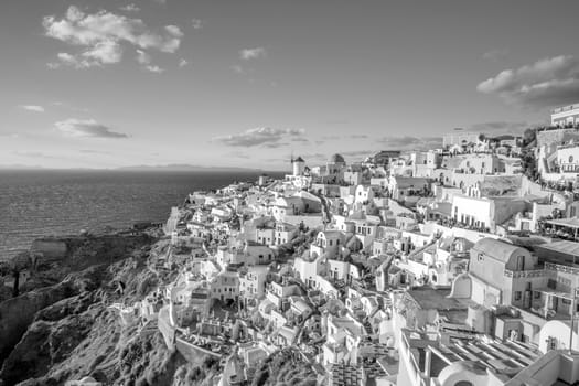 Great twilight view of Santorini island. Sunset on the famous Oia city, Greece, Europe