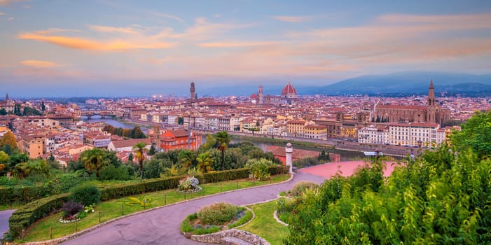 View of Florence city skyline from top view at sunset in Italy