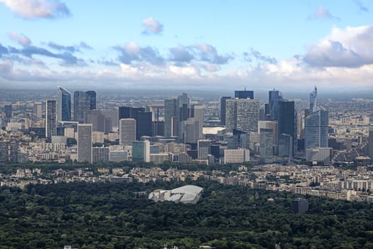 Aerial view from the Eiffel tower "La Défense" in French, business district corporations headquarters located in West of Paris, France
