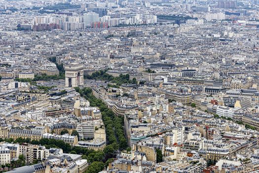 Aerial view of the "arc de triomphe" in French at the end of the famous "champs elysees " avenue, Paris, France