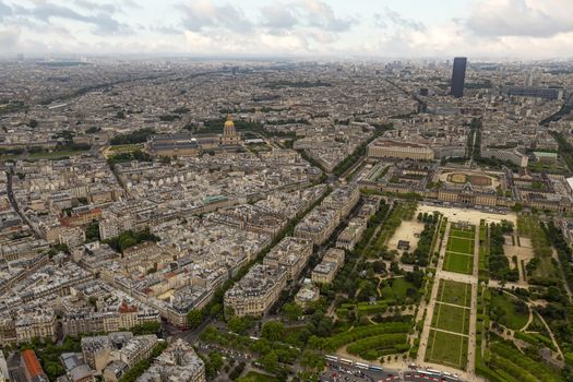 Aerial Paris panorama view front Eiffel tower throughout glass lift window, France