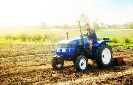 A farmer on a tractor works on the field. Cultivation technology equipment. Growing crops in a small agricultural family enterprise. Farming and agriculture. Food production. Grinding loosening