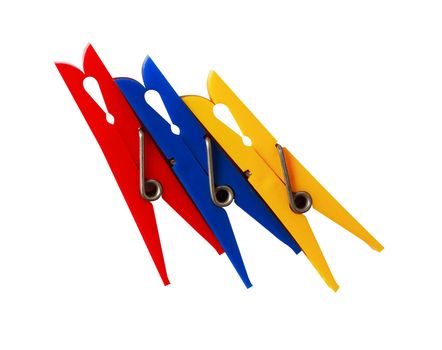 Three various plastic clothespins on white background