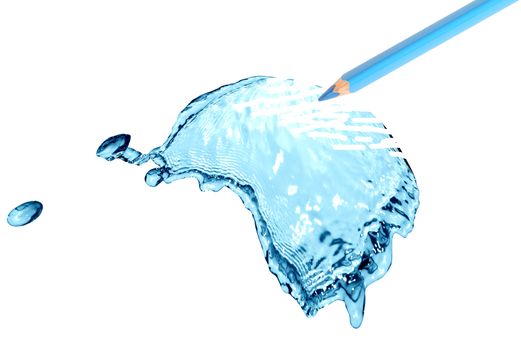 Blue pencil draws nice water splash on white background