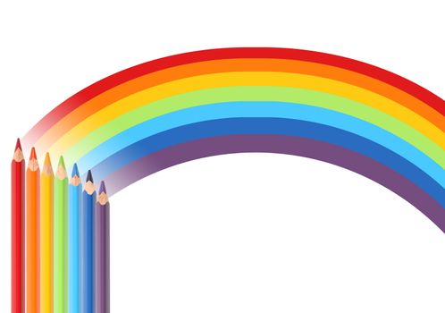 Set of color pencils draws rainbow on white background