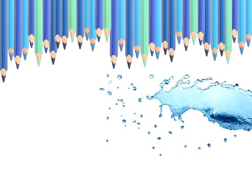 Blue pencil draws nice water splash on white background