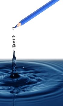 Blue pencil draws nice water splash on white background