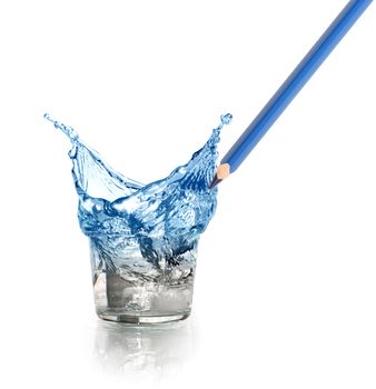 Blue pencil draws nice water splash in glass on white background