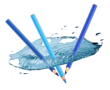 Blue pencils draws nice water splash on white background