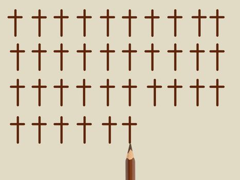 Brown pencil draws set of cross as death symbol on gray background