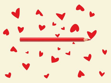 Red pencil draws lot of hearts on gray background